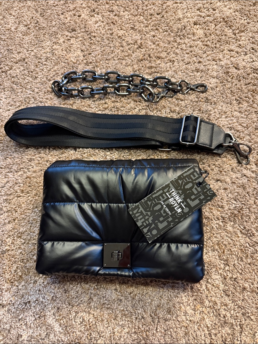 NWT THINK ROYLN Black Quilted Padded Clutch Pearl Black - x2 straps